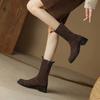 Krazing Pot Cow Suede Autumn Winter Shoes Round Toe Big Size Thick Med Heels Zipper Chelsea Boots Women All-match Mid-calf Boots
