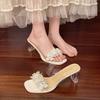 2025 Summer New Flower Slippers Women Wear Crystal Thick Heel Open Toe Word Middle Heel Fashion Sandals
