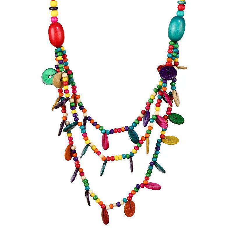 Богемное Ретро Красочное Этническое Ожерелье из Бисера с Ручной Работы Галькой и Рисовым Бисером для Женщин