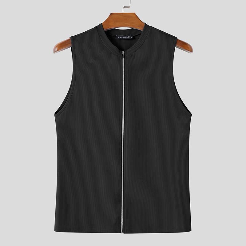INCERUN Men Summer Sleeveless Rib Zipper Casual Skinny Tank Tops