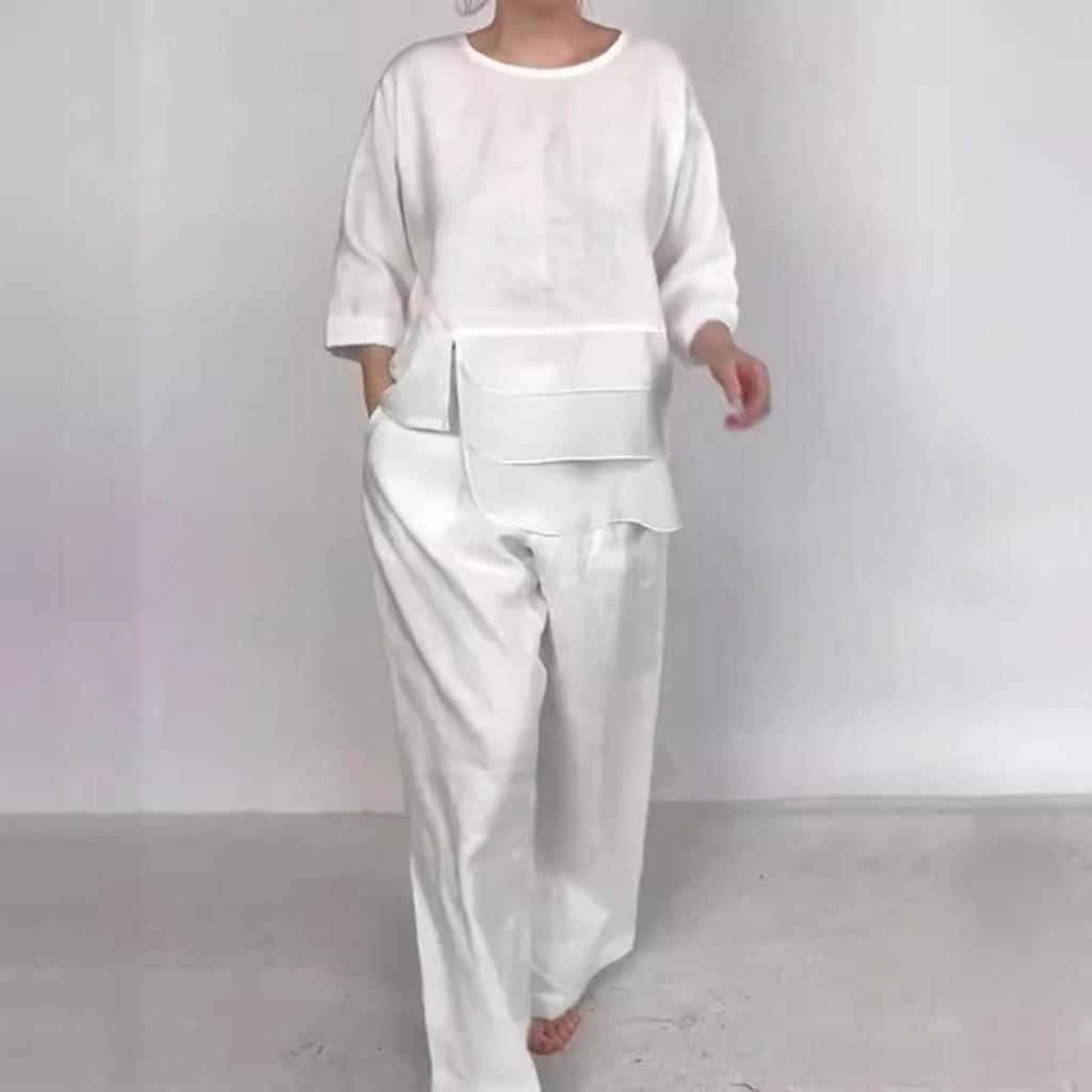 Летний европейско-американский однотонный комплект женской моды с карманом и круглым вырезом