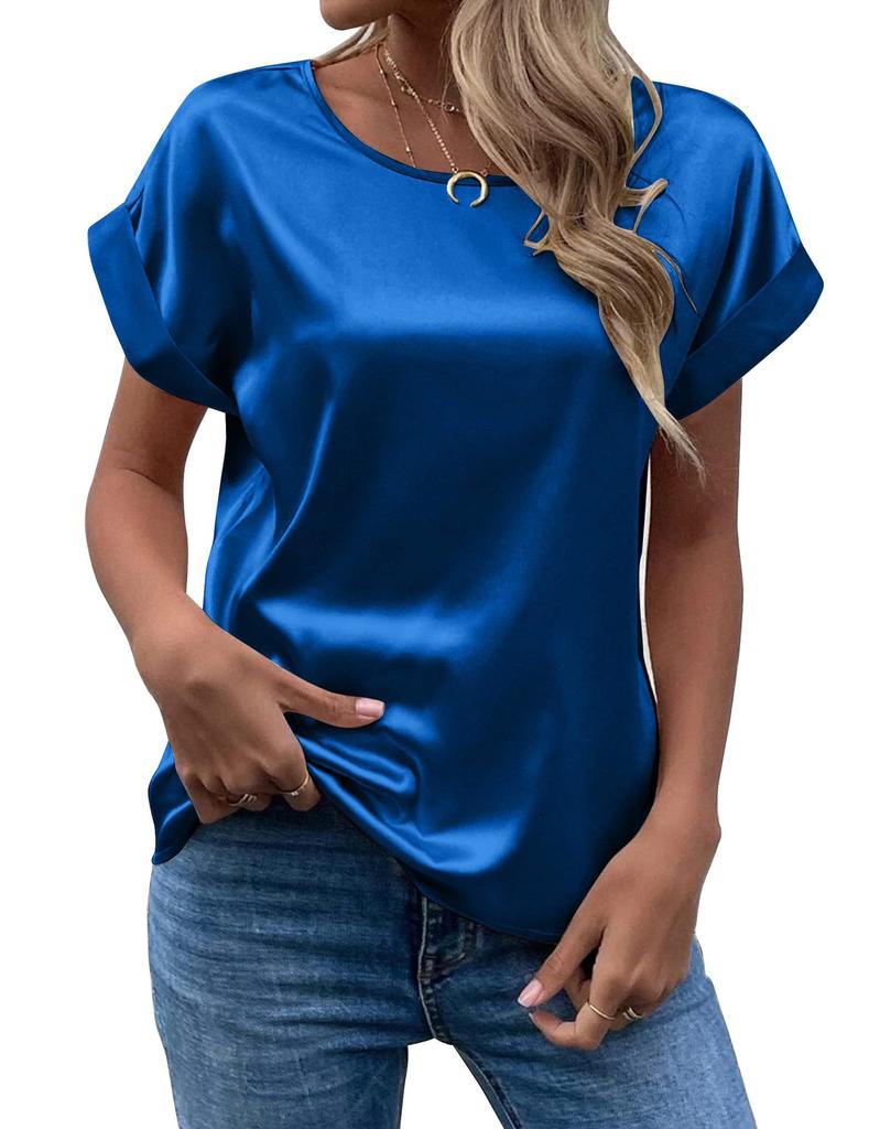 Spring and Summer New Women's Short Sleeve Satin Shirt Loose Casual Round Neck Colored Ding T-shirt Women