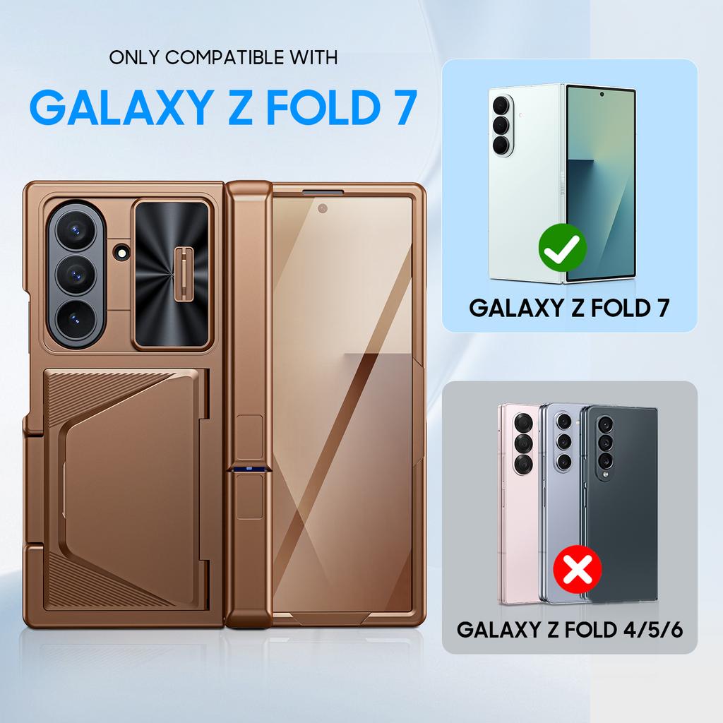 Для Samsung Galaxy Z Fold 7 С держателем для карт, Блокировка RFID, Встроенная сдвижная крышка для объектива и Защита шарнира и Подставка и Защитная пленка для экрана, Чехол-кошелек-Золотой