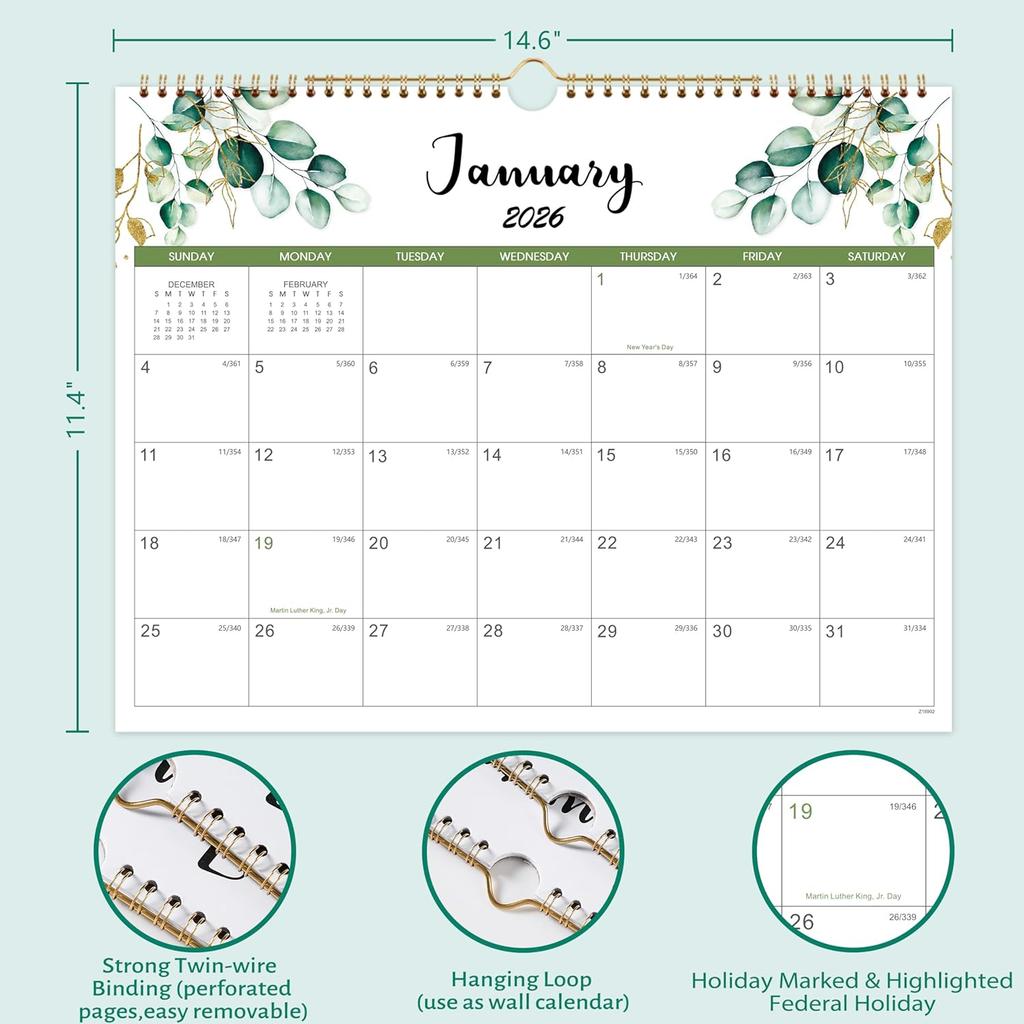 2026 Calendar - Wall Calendar 2026-2027, January 2026 - June 2027, 14.6" x 11.4", 2026 Calendar with Julian Date, Thick Paper, Twin-Wire Binding,