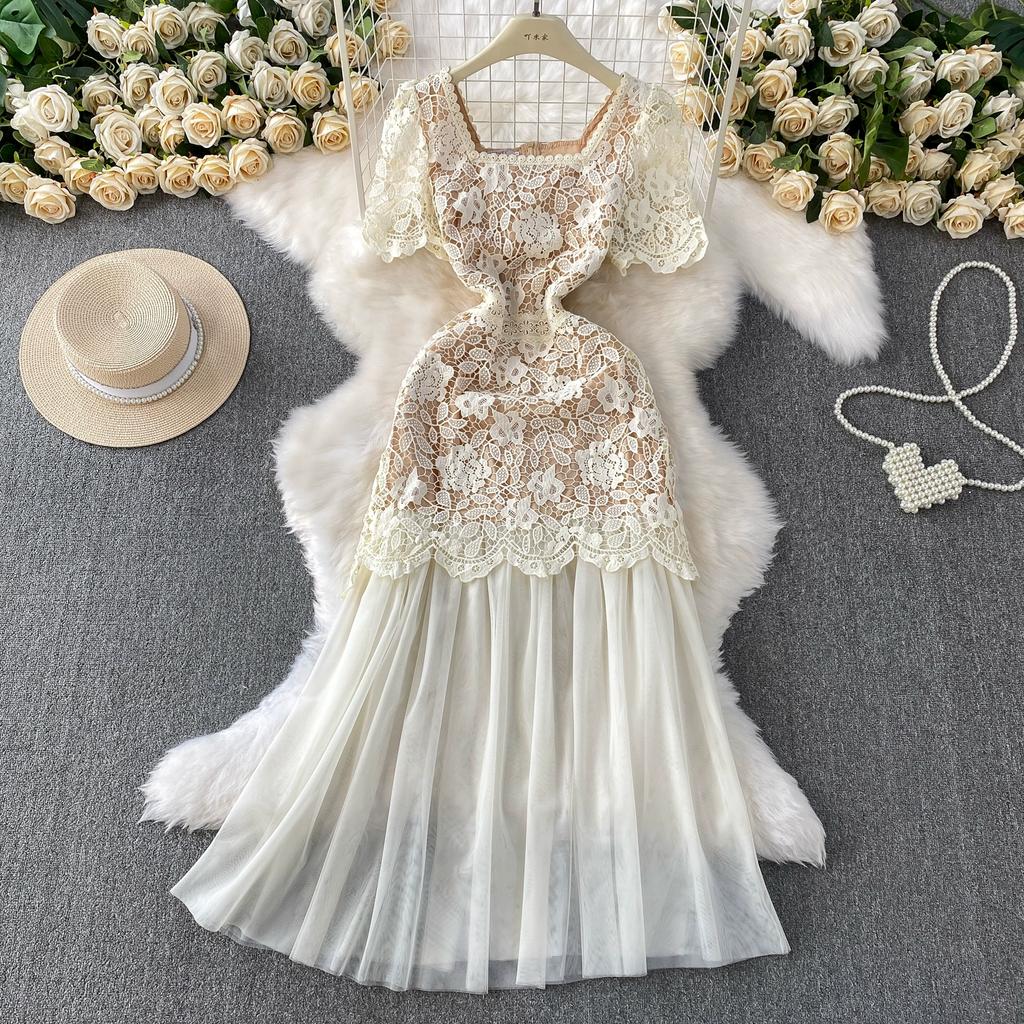 Summer Women Elegant Square Collar Embroidery Flower Lace Mesh Patchwork Long Maxi Slim Bodycon Party Dresses