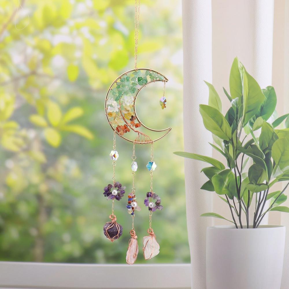 Handmade Natural Crystal Suncatcher Tumbled Stones Moonstone Pendant Butterfly Wind Chime Home & Garden Decoration
