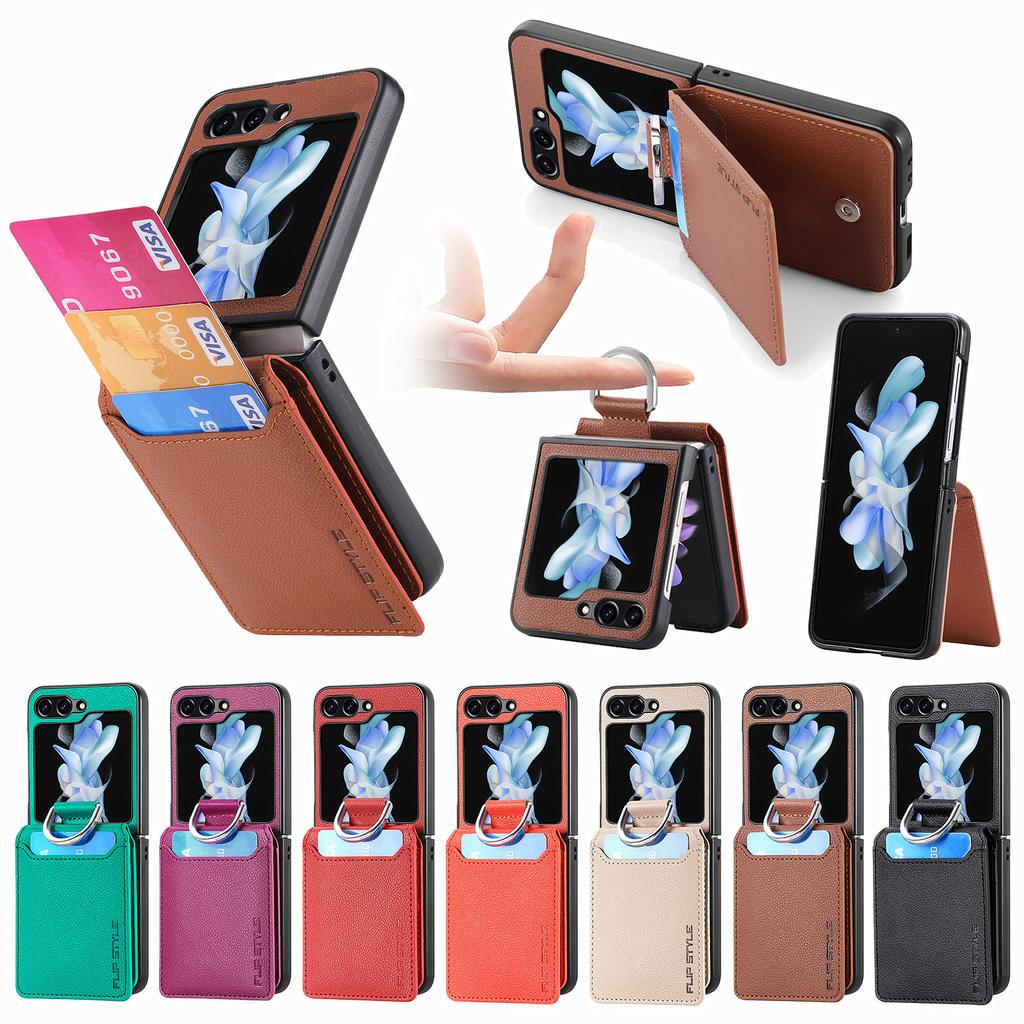 Magnetic Ring Holder Leather Wallet Card Slot Case for Samsung Galaxy Z Flip 5 Z Flip4 Z Flip3 5G Zflip4 Kickstand Vertical Cover