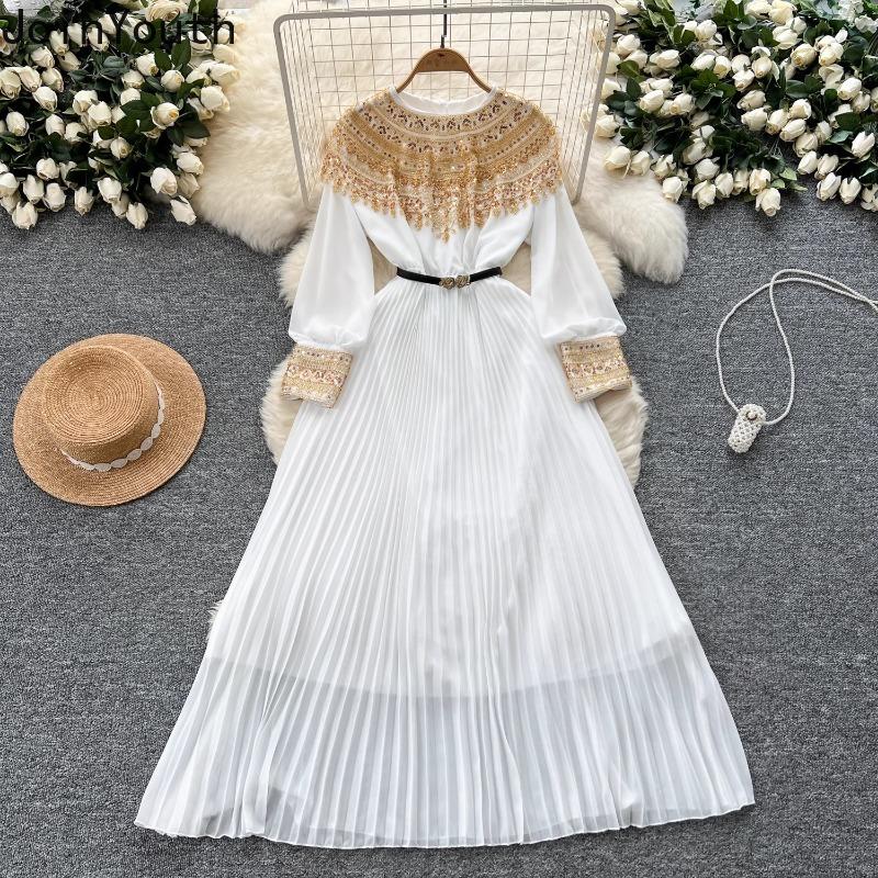 Temperament Robe Femme Maxi Dresses for Women Long Sleeve O-neck Sequin Slim Waist Vintage Pleated Dress 2025 Vestidos De Mujer