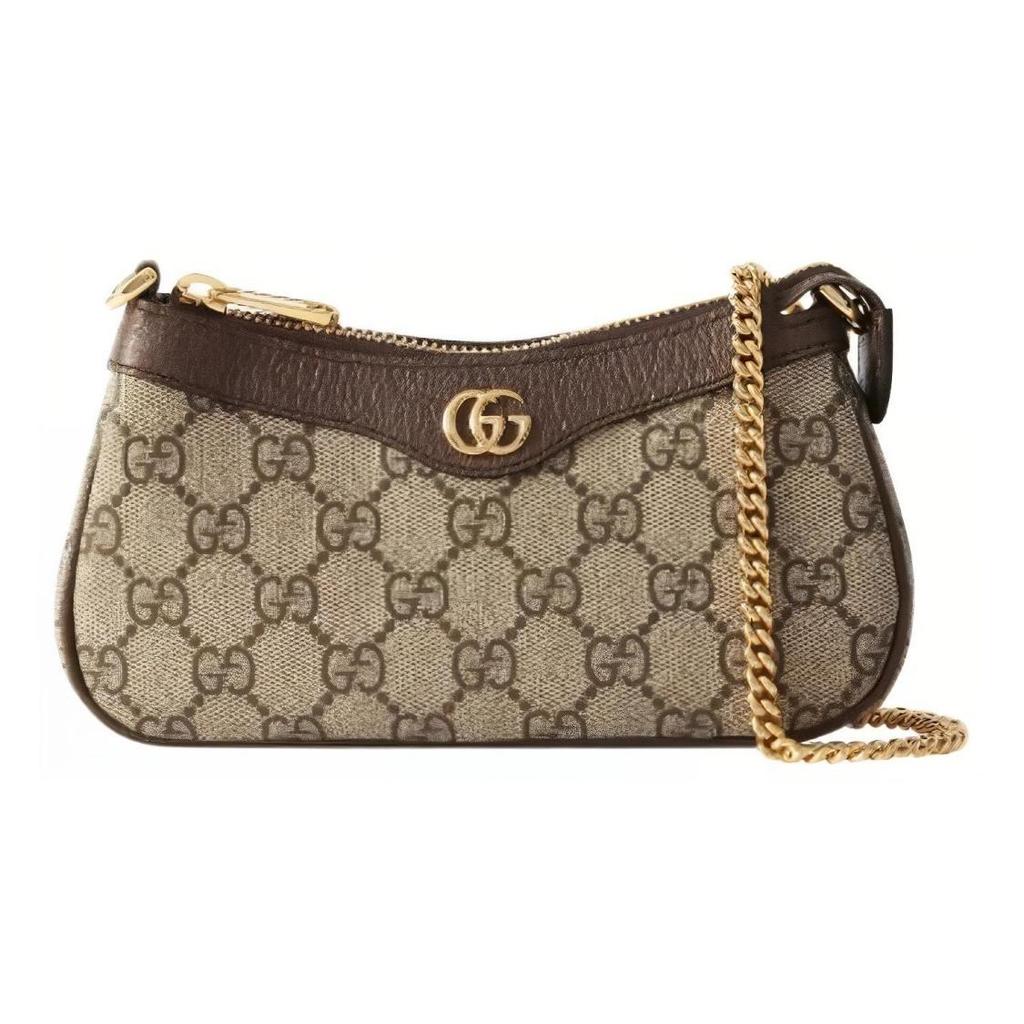 Gucci Сумка для маджонга Ophidia с двойным логотипом G и застежкой-молнией, изготовленная из холста и кожи, подмышечная сумка, сумка через плечо, мини-сумка для женщин, бежевого цвета с черными вставками.