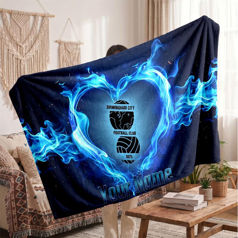 BIRMINGHAM CITY Personalized Fleece Blanket With Football Logo, Custom Name Text Soft Warm Home Throw Blanket