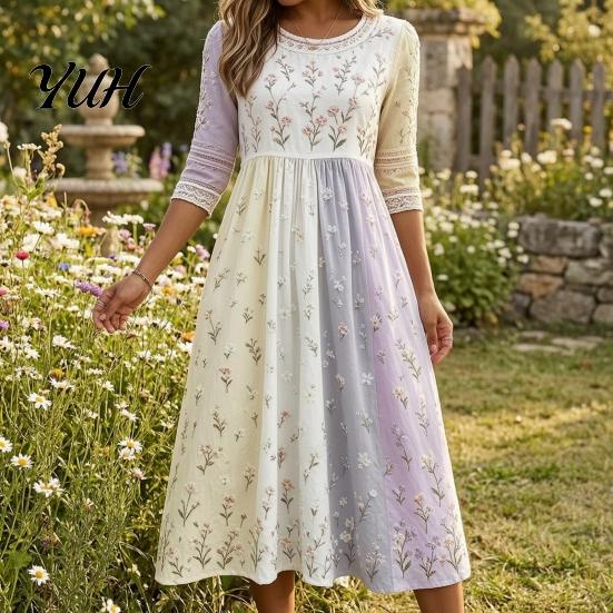 Trendy Autumn Floral Midi Dresses Long Sleeve Dress, Women Cottagecore Waist Cinching Body Shaping Slim Fit Dress for Vacation Street Party