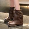 Ботинки до середины икры 2024 Женские ботинки Мотоциклетные ботинки на толстой подошве Универсальный стиль Ин ПУ кожа Однотонные Ботинки женские