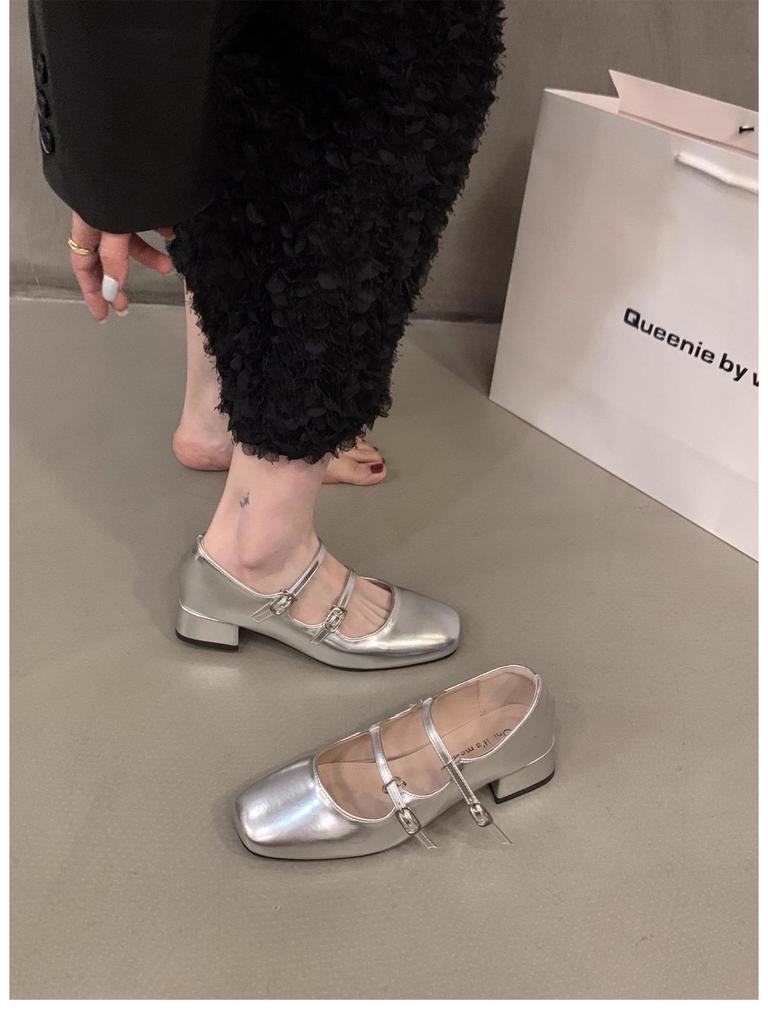 2024 Весна Туфли Мэри Джейн Кожаные с пряжкой на толстом каблуке, с неглубоким вырезом, с круглым носком, женские туфли с низким верхом