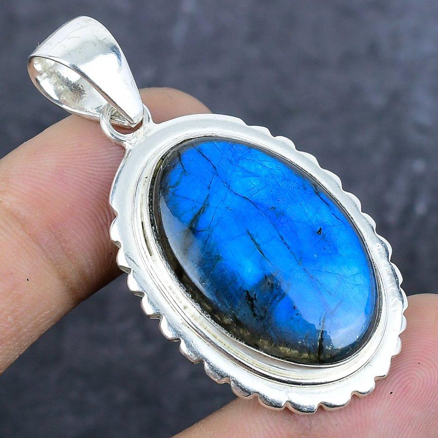 Natural Labradorite Gemstone 925 Sterling Silver Jewelry Pendant 2.05" I5z81