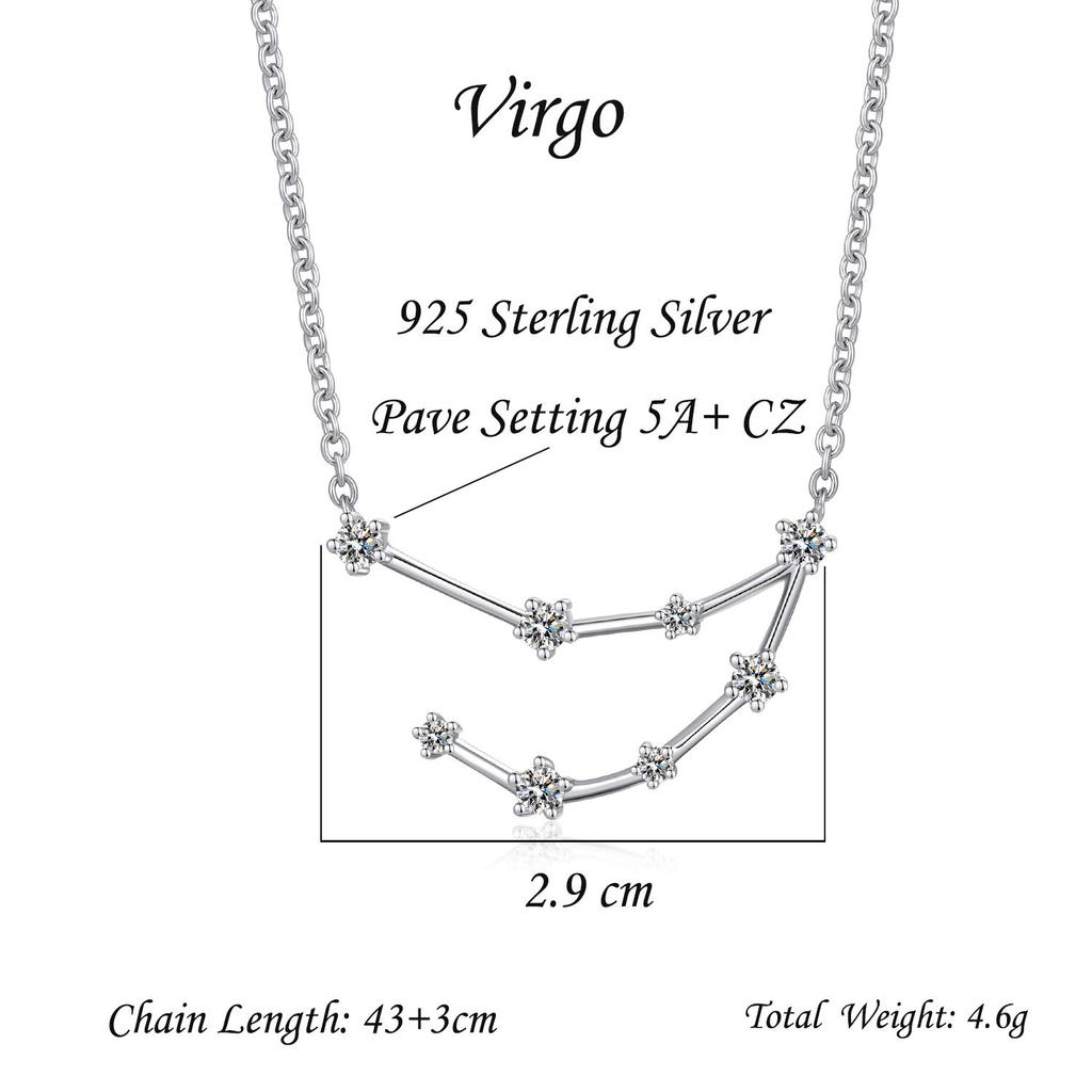 JMI Zodiac Necklace Silver 12 Constellations Constellation Astrology Pendant CZ Star 14K Silver Plated Fine Chain Simple Fine Birth Accessories