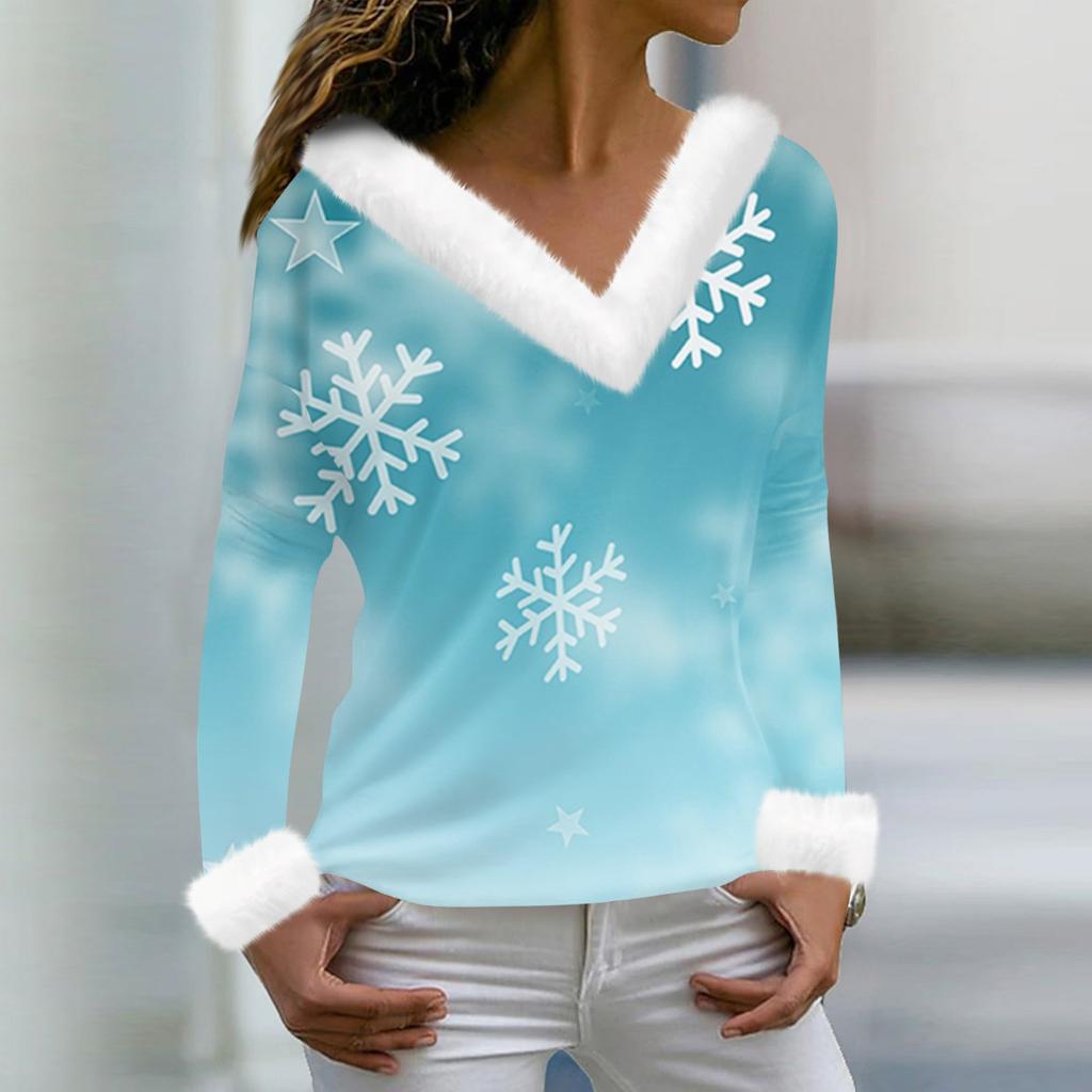 Женская мода повседневная плюшевая кофта с длинным рукавом и V-образным вырезом с рождественским принтом