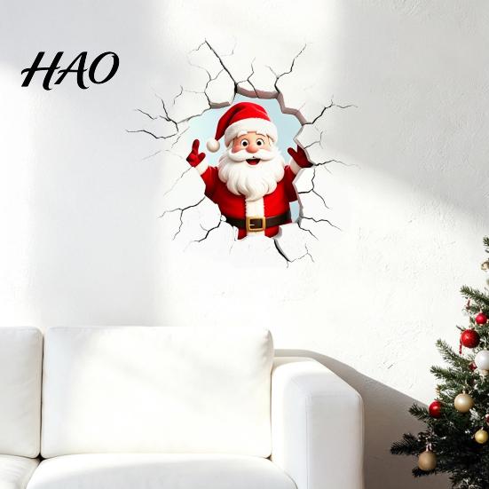 Easy to Apply Holiday Window Stickers 3D Santa Claus Wall Sticker, Realistic Breaking Decal for Christmas Decoration, Decor Living Room Waterproof PVC