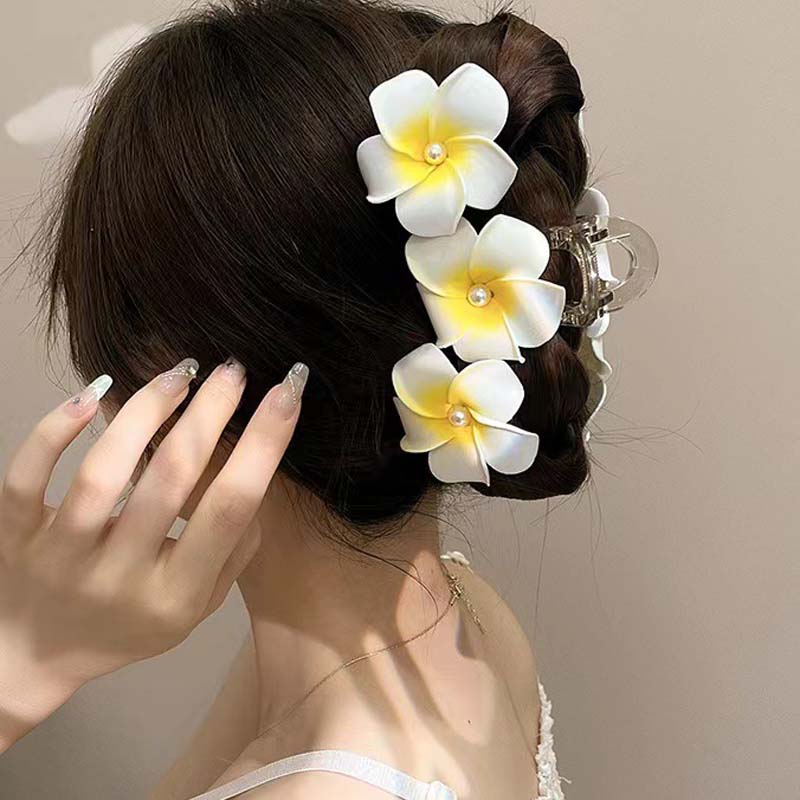 Bohemian Yellow Plumeria Flower Pearl Headdress Hair Clip Claw Women Girls Grab Back Of The Head Hair Accessory