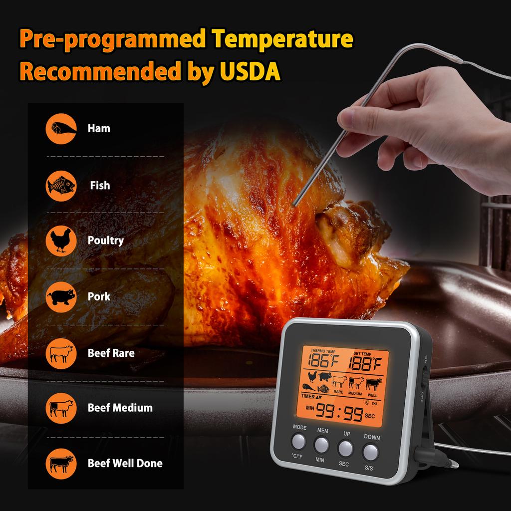 Digital Meat Thermometer Smoker Candy Food BBQ Cooking Thermometer for Grilling Oven Deep Fry with Smart Kitchen Timer Mode