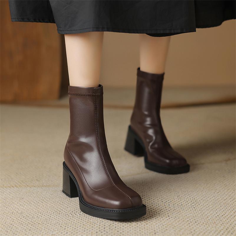 FOREADA Women Ankle Boots Square Toe Platform Block High Heels Zipper Short Boot Lady Fashion Shoes Autumn Winter Brown Black 43