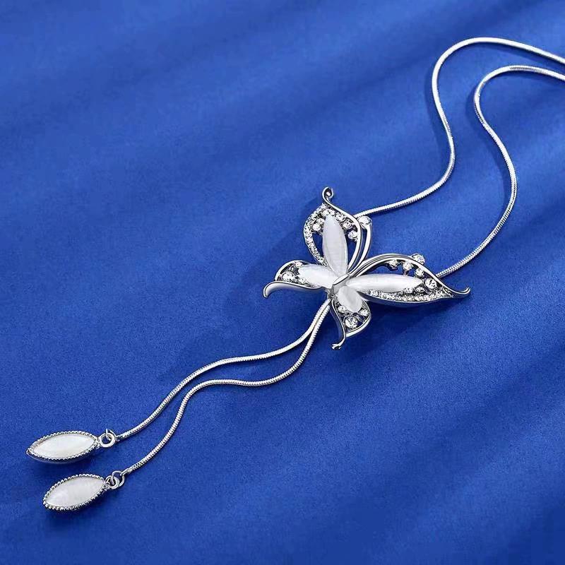 Модное длинное ожерелье с бабочкой-опалом, цепочка для свитера, металлический кулон с кристаллами, ожерелья, аксессуары на шею, модные ювелирные изделия для женщин