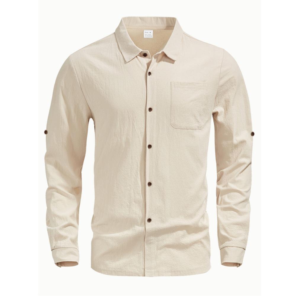 Soft and Comfortable Men's Collar Pocket Solid Color Button Up Cardigan Long Sleeved Linen Top Suitable for Daily Leisure