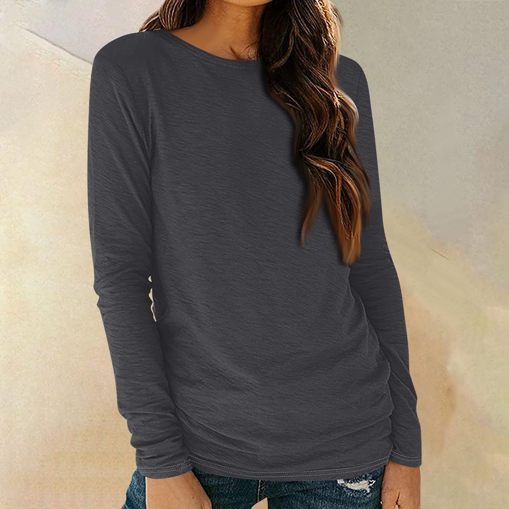Womens Long Sleeve Round Neck Shirts Basic Tee Casual Top Fall Trendy Tunic Outfits Fitted T Shirts