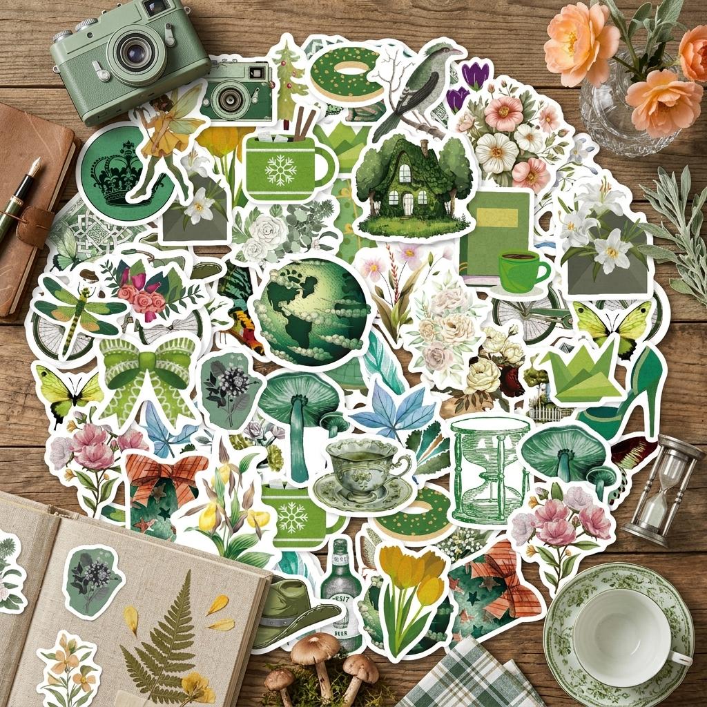 50Pcs Removable Vintage Green Stickers for Diary Luggage Decoration Waterproof Oilproof PVC Vinyl