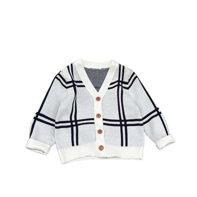 Children'S Retro Plaid Knitted Jacket Spring And Autumn Baby Lapel Inner Matching Baby Versatile Loose Casual Pants