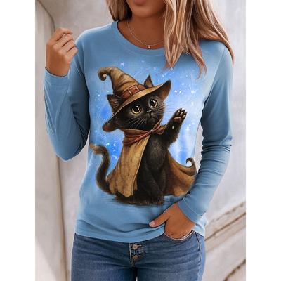 Модные женские топы с длинным рукавом, повседневная графическая футболка на Хэллоуин с кошкой, блузка с круглым вырезом, осенне-зимний уличный стиль, пуловер