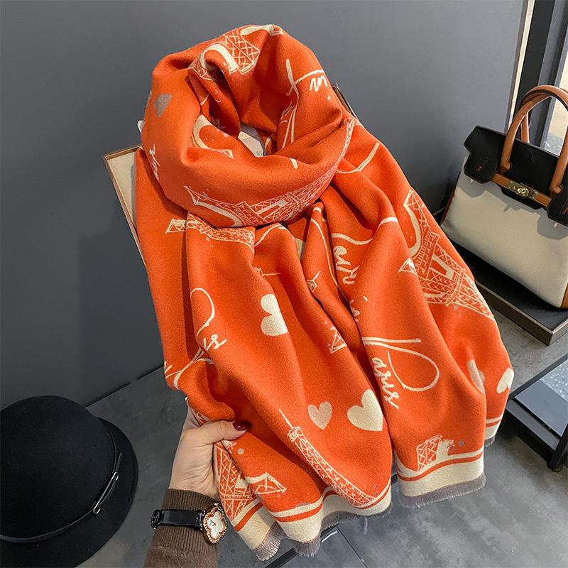 New Autumn and Winter Imitation Cashmere Scarf for Women European and American Style Iron Tower Pattern Warm Outer Wear Multi Purpose Scarf