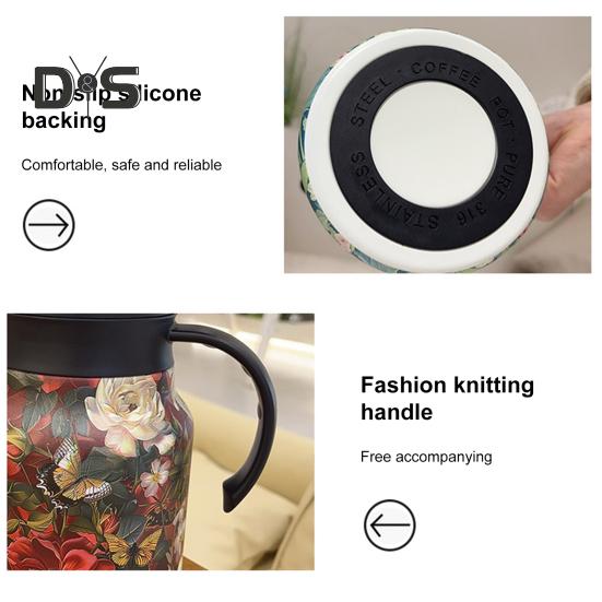 Винтажный заварочный чайник с цветочным узором и встроенным фильтром, V-образным носиком, заварочный чайник для воды под давлением, 1000 мл, изолированный заварочный чайник из нержавеющей стали для