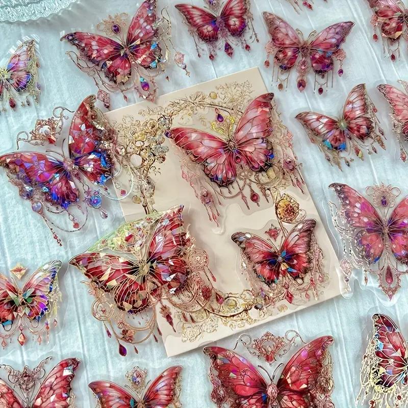 20pcs Reusable Red Butterfly Stickers: Glitter, Shimmery & Self-adhesive for Diary, Planner & Scrapbooking