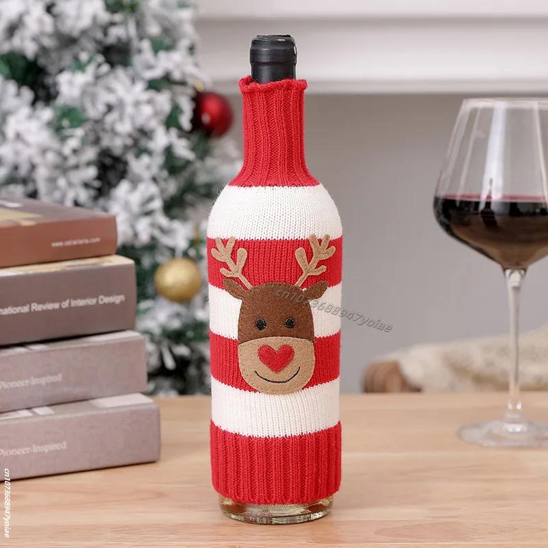Cute Knitted Wine Bottle Cover Christmas Table Decoration Cartoon Santa Claus Snowman Pattern Red Wine Bottle Decor Xmas Gift