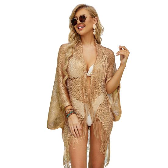 Summer Beach Smock Hollow Out Tassel Decor Sunscreen Loose Quick Dry Swimsuit Cover-up Open Beachwear Poncho