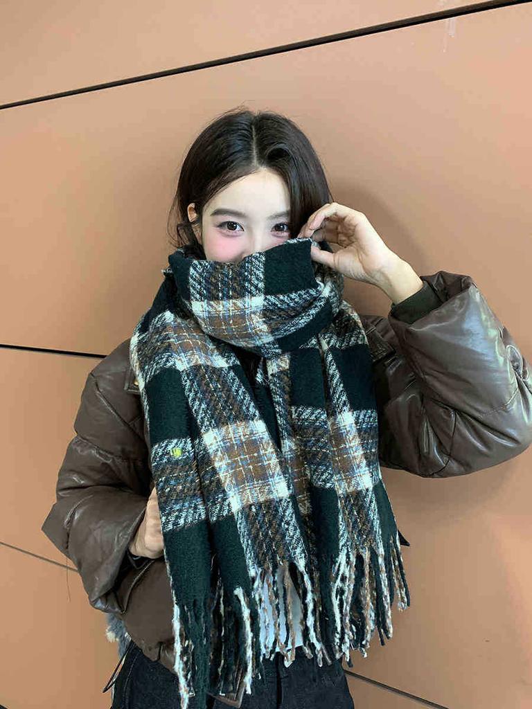 Premium Contrasting Color Plaid Fringed Scarf Couple Scarf Warm And Windproof Long Shawl Women
