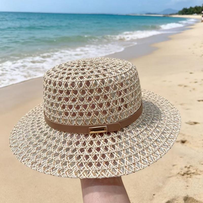 French retro batch buckle trim woven straw hat women's spring summer hollow breathable seaside vacation flat brim flat top top hat