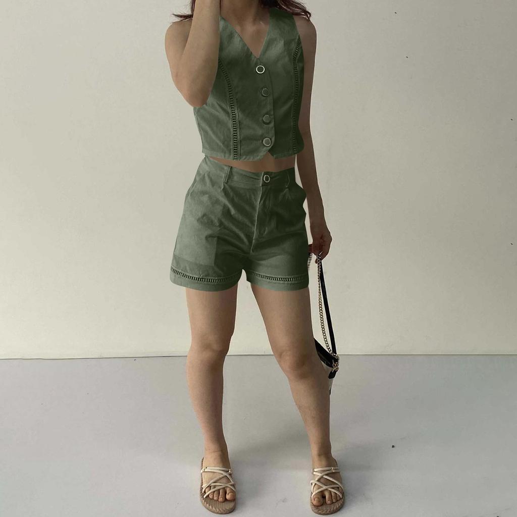 Women's Summer Fashion Casual Button Vest Shorts Suit Women's Clothing