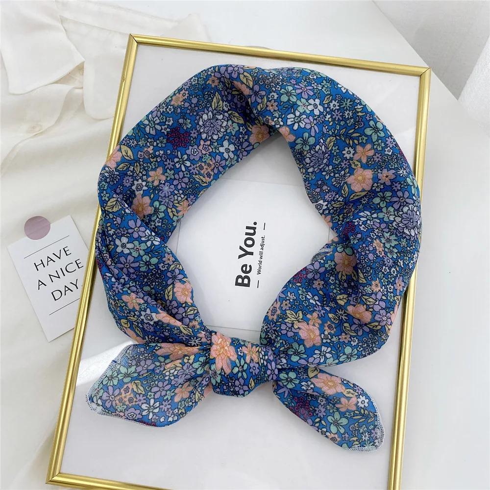 Floral Print Neckerchief Small Hijab Scarfs Women Fashion Handkerchief Neck Scarf Shawls Cotton Blends Korean Hair Scarves 58CM