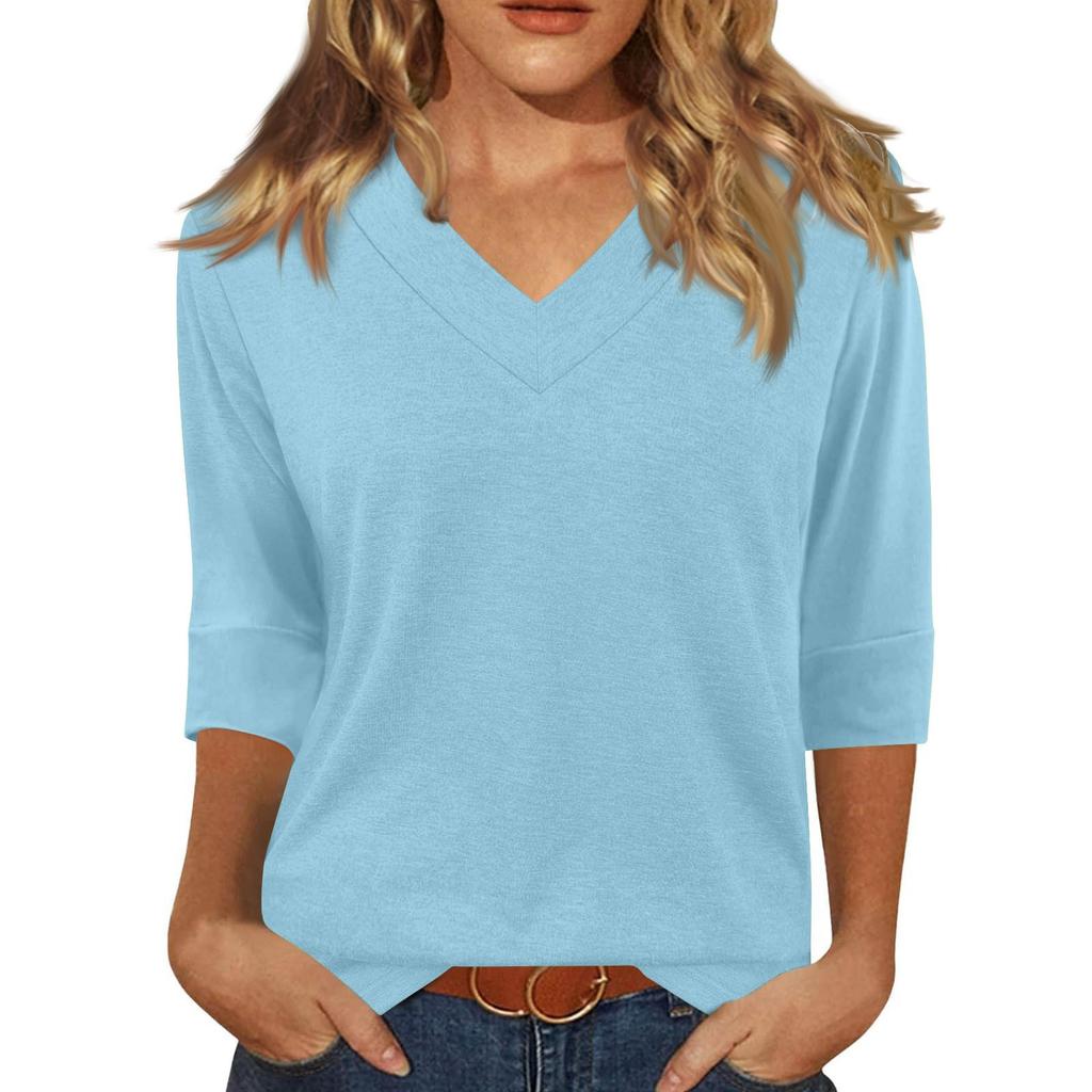 Women's Fashion Casual V Neck 3/4 Sleeve Loose Printed T-Shirt Ladies Top