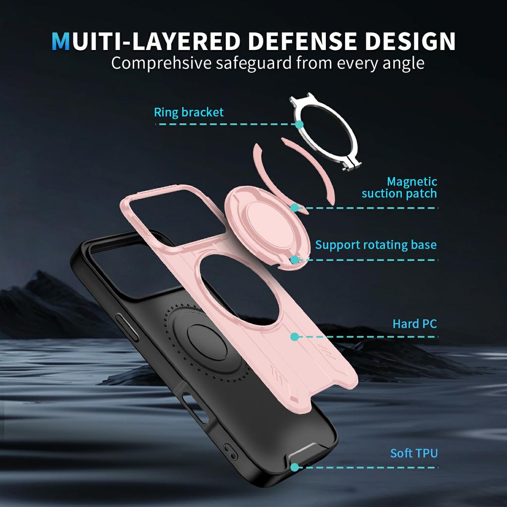 For iPhone 17 Pro Max Case Compatible with MagSafe Rotating Ring Kickstand PC + TPU Shockproof Phone Cover
