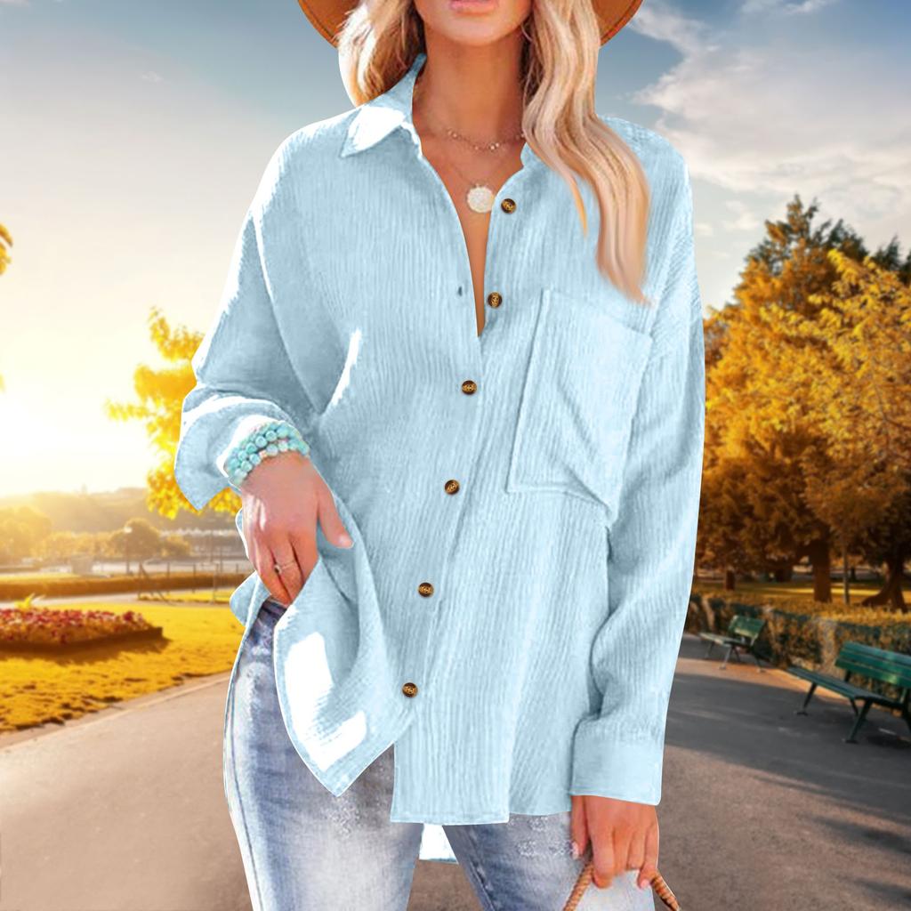 Women's Fashion Solid Color Loose Casual Single-Breasted Long Sleeve Shirt