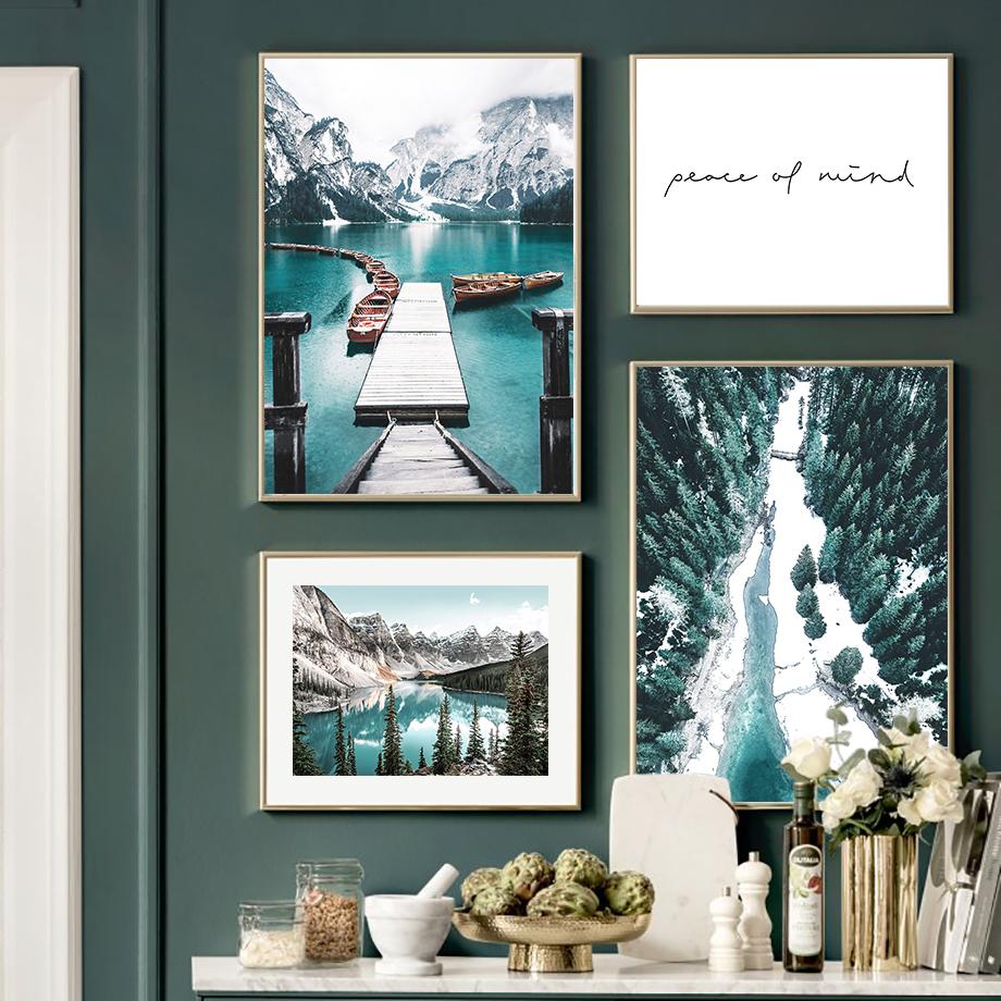 Снежная гора, лес, зеленое озеро, лодка, настенная живопись на холсте, плакаты на скандинавскую тему и принты, настенные панно для украшения гостиной