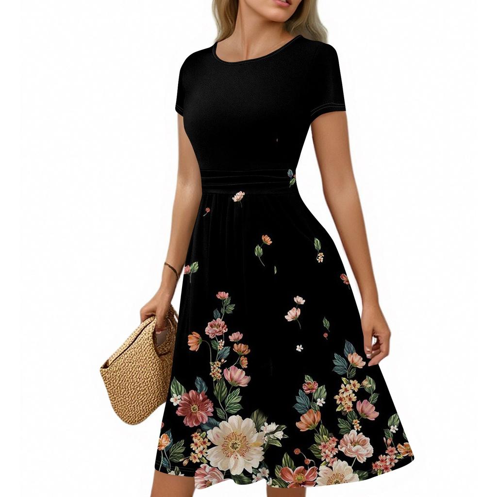 Женское повседневное модное платье миди А-силуэта с круглым вырезом, плиссированными короткими рукавами и ретро-цветочным принтом