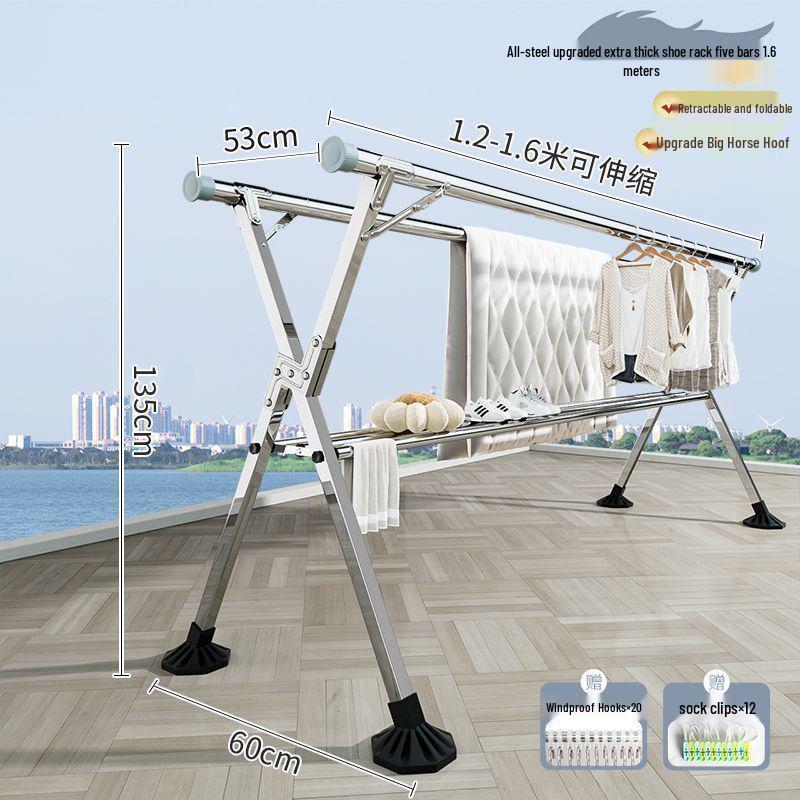 Bold Stainless Steel Folding Clothes Drying Rack - Floor-Standing, Telescopic, Indoor/Outdoor Use, Vertical Hanging Rod.