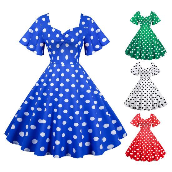 Women Evening Dress Retro Color Matching Dot Print A-line V Neck Big Swing Short Ruffle Sleeves Tight High Waist Back Zipper Party Prom Midi Dress