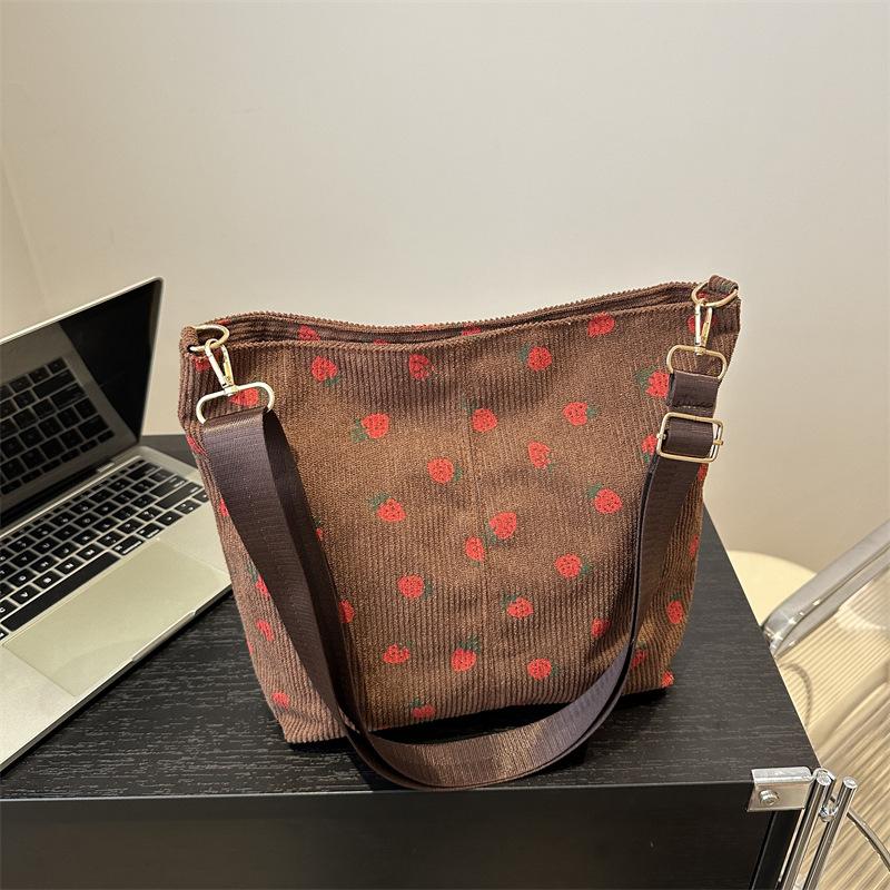 Popular Corduroy Strawberry Printed Bag Women'S Summer Shoulder Messenger Bag Bucket Bag