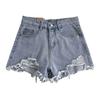 Summer Women Denim Shorts High Waist A-line Solid Color Ripped Button Zipper Closure Retro Pockets Slim