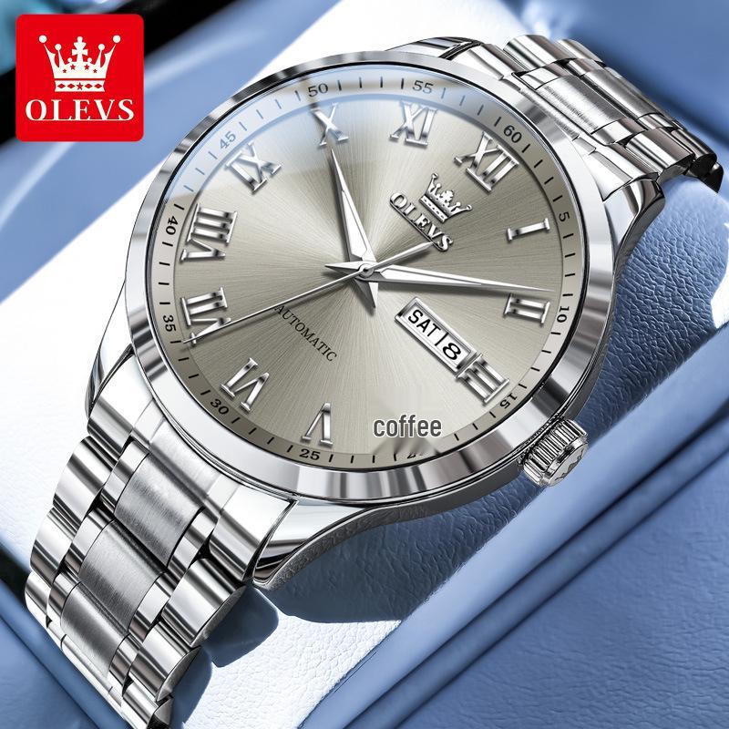 Мужские римские минималистичные автоматические механические часы Olevs с двойным календарем