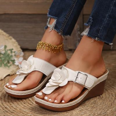 Новое поступление, лето 2024, женские тапочки на танкетке с цветочным принтом, повседневные удобные босоножки на каблуке Sandalia Feminina